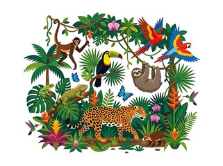 Fototapeta premium Vibrant tropical rainforest scene with diverse jungle animals and plants