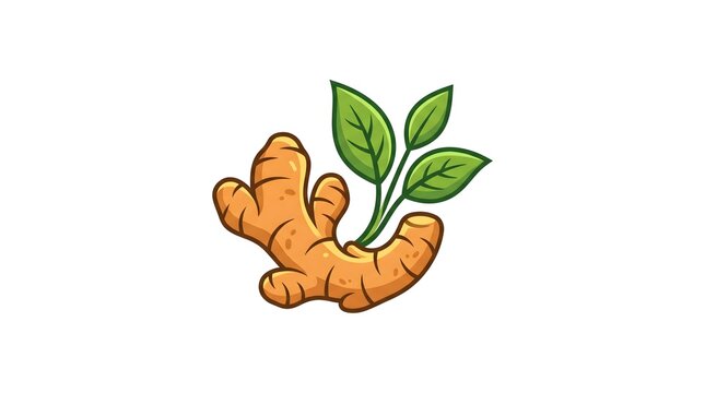 An isolated vector illustration of a fresh ginger root with green leaves, designed in a clean cartoon style on a white background