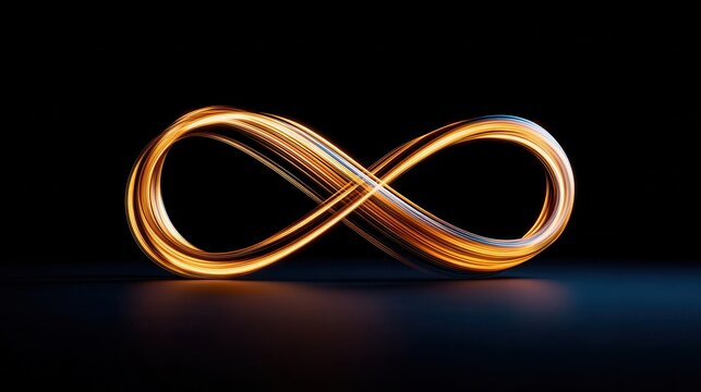 Energetic light streams swirl into a luminous infinity symbol in gold and blue, illustrating endless possibilities.