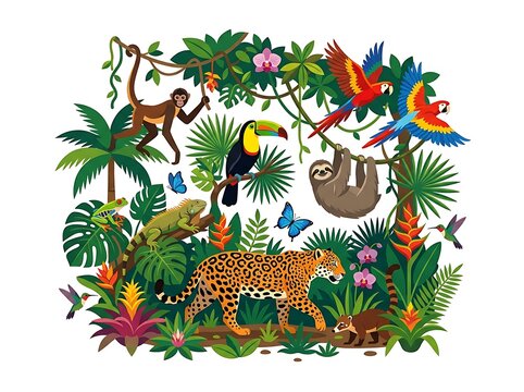 Vibrant tropical rainforest scene with diverse jungle animals and plants