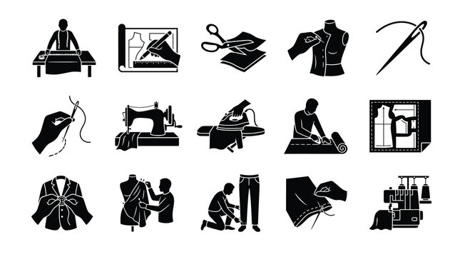 Tailor and sewing vector icon set. Dressmaking, fashion design pattern layout, tailoring equipment, and clothes alteration silhouettes.