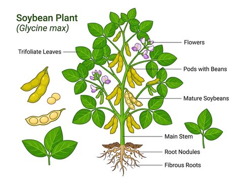 Soybean plant growth stages and anatomy illustration