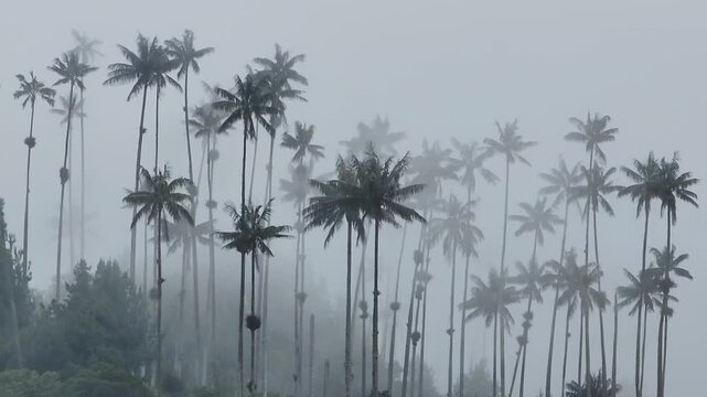 Mysterious landscape with towering wax palm trees shrouded in thick fog in cocora valley. Scenic view of the lush, misty forest in salento, colombia