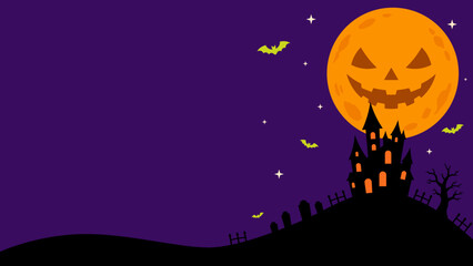 Purple sky glows with a smiling moon. Crows fly near a spooky castle silhouette. Stars twinkle as bats flutter through the air. Ornate tower stands atop a dark hill © Tempe Gembus