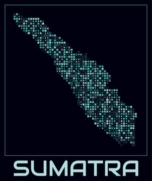Sumatra digital style map. Small square dots on dark background. Dotted shape of the island. Sumatra map and title. Awesome vector illustration.