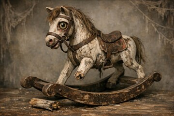 Fototapeta premium A wooden rocking horse placed on a wooden floor, perfect for illustrations and designs