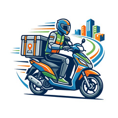 Obraz premium Delivery rider on a vibrant scooter speeds toward the city