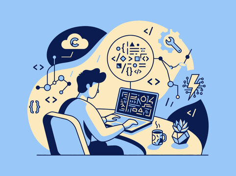 A software developer works on complex code at a desk