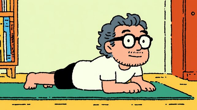Man performs yoga on a green exercise mat.