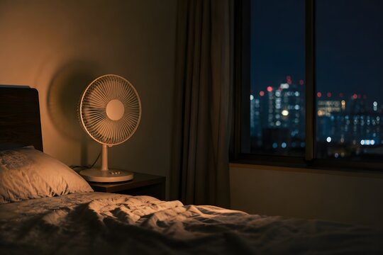熱帯夜の寝室で回る扇風機と寝苦しい夏の夜イメージ
