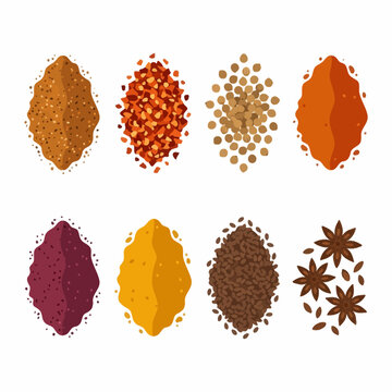 Assorted vibrant spice piles arranged on a clean white background