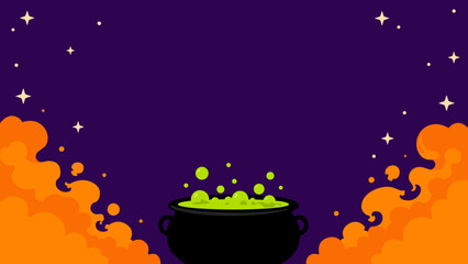 Purple sky dotted with twinkling stars. Orange flames swirl around a black cauldron. Green bubbles rise from bubbling liquid inside. Cauldron sits center stage, evoking magic © Tempe Gembus