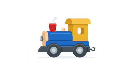 Naklejka premium Charming blue and yellow toy train with red chimney emitting smoke, isolated on a clean white background, perfect for children's themes and playful designs