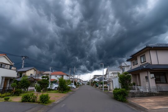 日本の住宅街に迫る黒い嵐雲とゲリラ豪雨の予兆イメージ