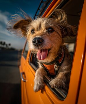 Dog leans out of a moving orange van window.