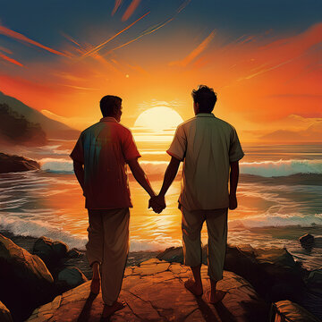 Two men hand in hand at the seaside Illustration