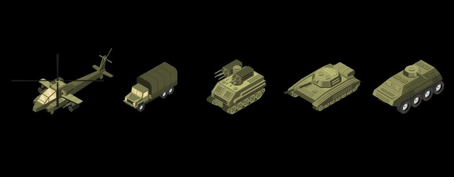 Military equipment, tank, helicopter, armored personnel carrier. Isometric vector animation on a transparent background with an alpha channel