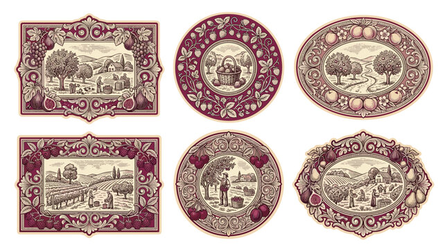 Collection of decorative vintage style botanical illustrations with intricate borders and berry flourishes