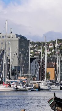 View of sailboats with tall masts docked in the harbor near historic colorful wooden wharfs and hillside houses in Trondheim, Trondelag, Norway.