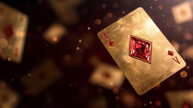 Playing card with a ruby diamond floats freely.