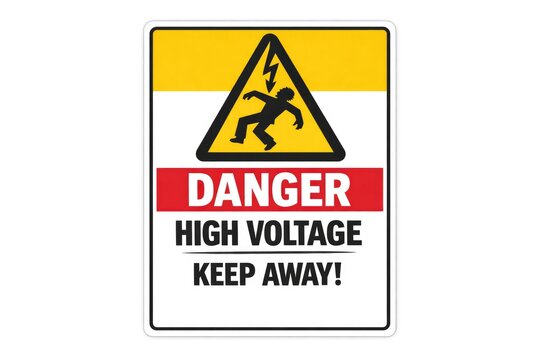 A safety warning sign indicating high voltage, with a cautionary message to keep away