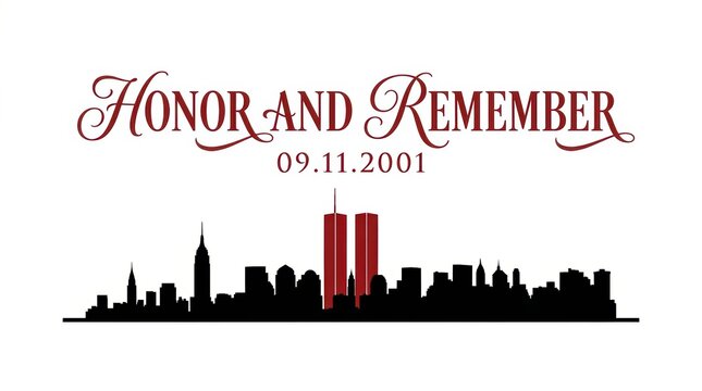 Silhouette of the New York City skyline featuring the World Trade Center Twin Towers in a clean vector illustration style. Commemorative Patriot Day banner design marking 09.11.2001.
