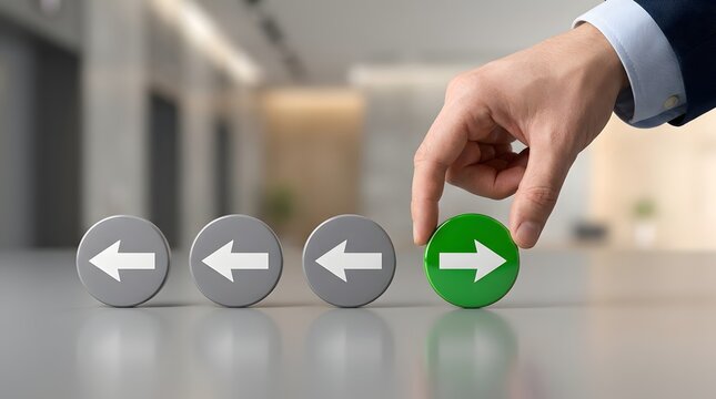 Business Pivot and Strategic Redirection Concept, Leader Selecting Green Arrow Facing Opposite Way to Stand Out