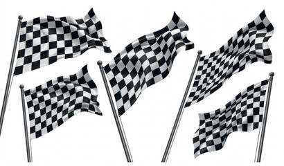 Naklejka premium Set of checkered racing flags waving on metallic poles from different angles isolated on white background