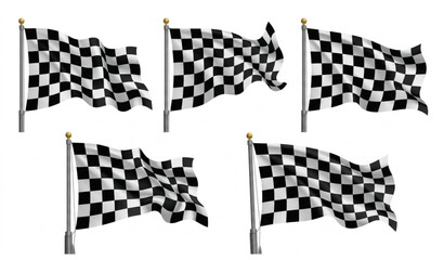 Naklejka premium Set of checkered racing flags waving on metallic poles with gold finials isolated on white background