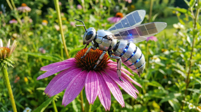 Solar bee, flower pollinator, garden flower, purple flower, insect robot, bee robot