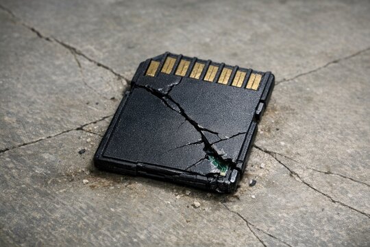 A memory card lying on the ground with damage visible