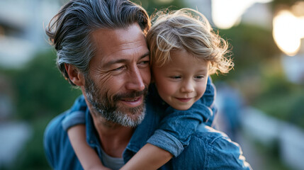 Fototapeta premium A wide shot of a man giving softly his calm son a piggyback ride in a bright sunlit park piggyback ride open faces european bright outdoors daylight workspace full scene