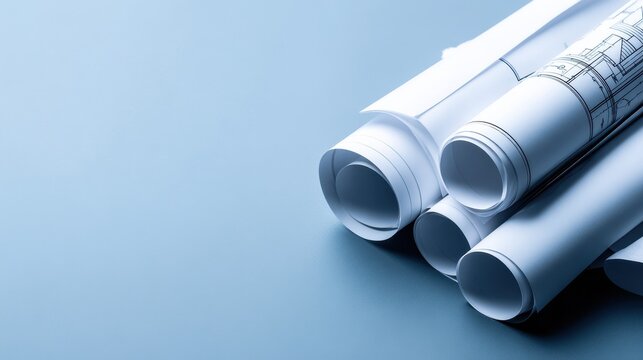 Rolled architectural blueprints and blank paper against a serene blue background, symbolizing design and development.