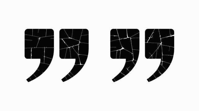 Two black quotation mark silhouettes with cracked glass texture against a white background quote marks speech inverted commas double