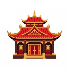 Obraz premium Traditional Chinese Temple Building with Red Roof and Ornate Architecture in Flat Design