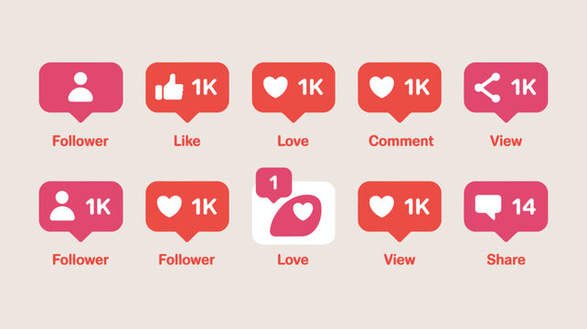 Social media icons representing follower counts likes loves comments views and shares in a flat style network icon pictogram
