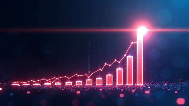 A stock market graph with an upward trend on a dark blue background, in a flat illustration style, with glowing lines and a sense of technology.