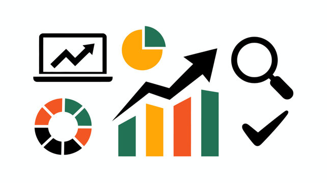Data analysis icons featuring a laptop pie charts bar graphs magnifying glass and checkmark analytics business chart checklist computer