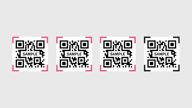 Four square quick response codes with sample text presented on a light gray background code barcode black white digital