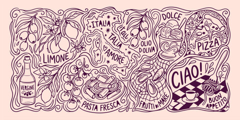Naklejka premium Italian culinary traditions pattern, authentic food background, Mediterranean kitchen design, pasta cuisine illustration, classic dining wallpaper, italian flavor texture, gourmet meal graphic, food c