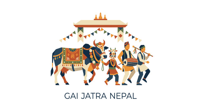 Nepal Gai Jatra Cultural Festival Illustration with Traditional Dancers and Decorated Cow