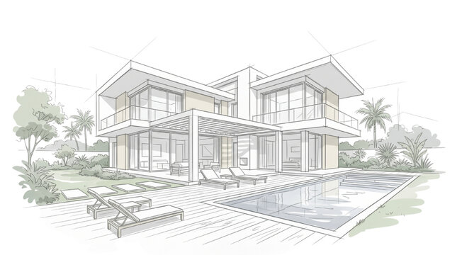 Conceptual CAD rendering of a modern luxury home design featuring a serene pool and lush garden landscape