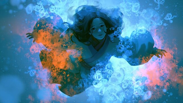 A female warrior mage floating in a cosmic galaxy surrounded by glowing nebula energy and drifting space particles.