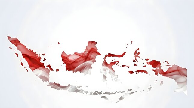 Abstract red and white fluid smoke texture inside a map of Indonesia silhouette isolated on light background for national day concept
