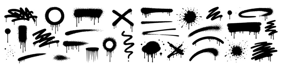 Black spray paint graffiti drips splatters and lines set, urban street art grunge textured ink stains and cross mark graphic elements on white background, spray, paint, graffiti, drip, splatter, stain © Nayan