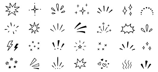 Minimalist sparkle symbols and starburst line art collection. hand drawn linear shine glint and dynamic accent explosion graphics set for design decoration, sparkle, shine, star, starburst, burst © Nayan