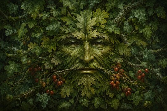 Mystical Green Man forest spirit face emerging from dense foliage and oak leaves with autumn berries