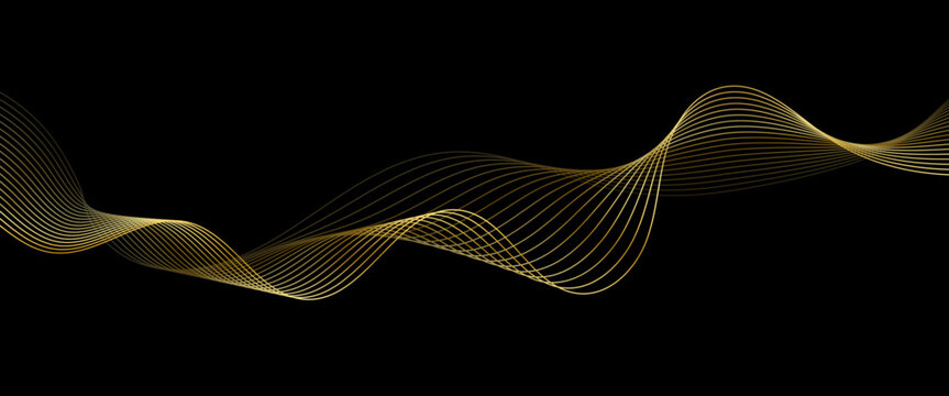 Golden line wave flow, abstract elegant luxury background with flowing elegant motion and fluid curve with smooth and luminous pattern. Glow movement texture, 3d rhythm or soundwaves for presentations