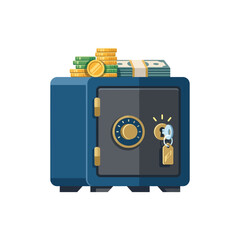 A sturdy safe sits closed, guarding a stack of cash © sunan