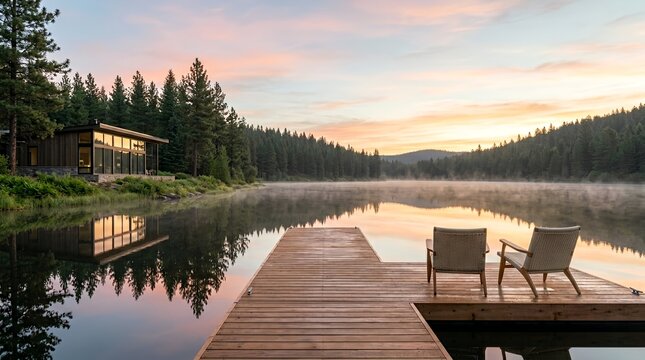 Modern lakeside cabin at sunrise with a wooden dock and chairs overlooking a misty lake surrounded by pine trees